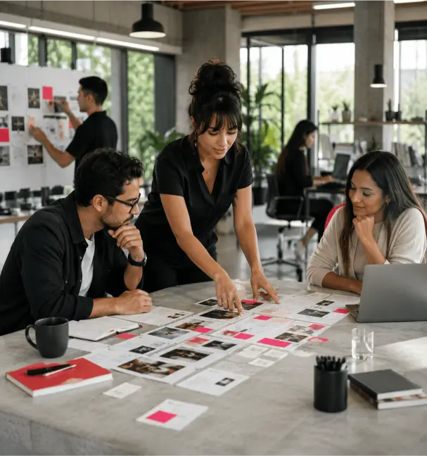 Equipo latinoamericano de una agencia diseñando una estrategia de contenido, inbound marketing y SEO para atraer audiencias y generar leads.